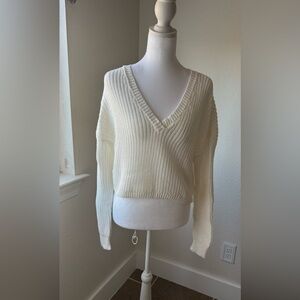 Aeropostale Cream Cropped V Neck Sweater X-Small Ribbed Knit